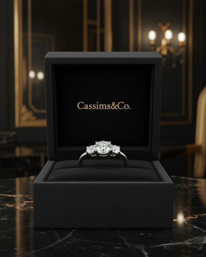 Cassims&Co. 1.8ct lab grown diamond three stone ring in 9ct white gold displayed in a black velvet jewellery box.