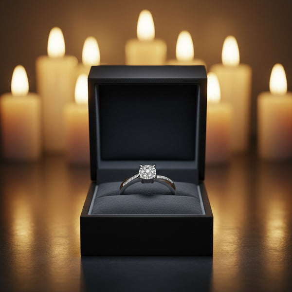 Cassims&Co. 9ct white gold diamond cluster engagement ring with pavé band in a black velvet presentation box.