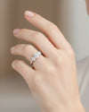 Cassims&Co. 9ct white gold three stone engagement ring with 1.8ct lab grown diamonds worn on a woman's finger