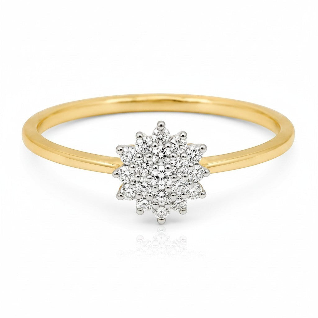 Cassims&Co. 9ct yellow gold engagement ring featuring a sparkling diamond flower cluster on a delicate band.