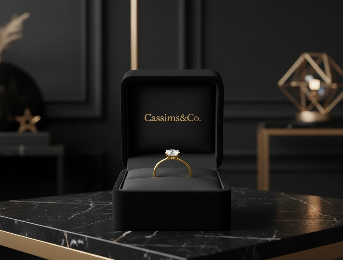 Cassims&Co. 9ct yellow gold solitaire engagement ring with a 1.5ct round lab grown diamond in a black velvet box