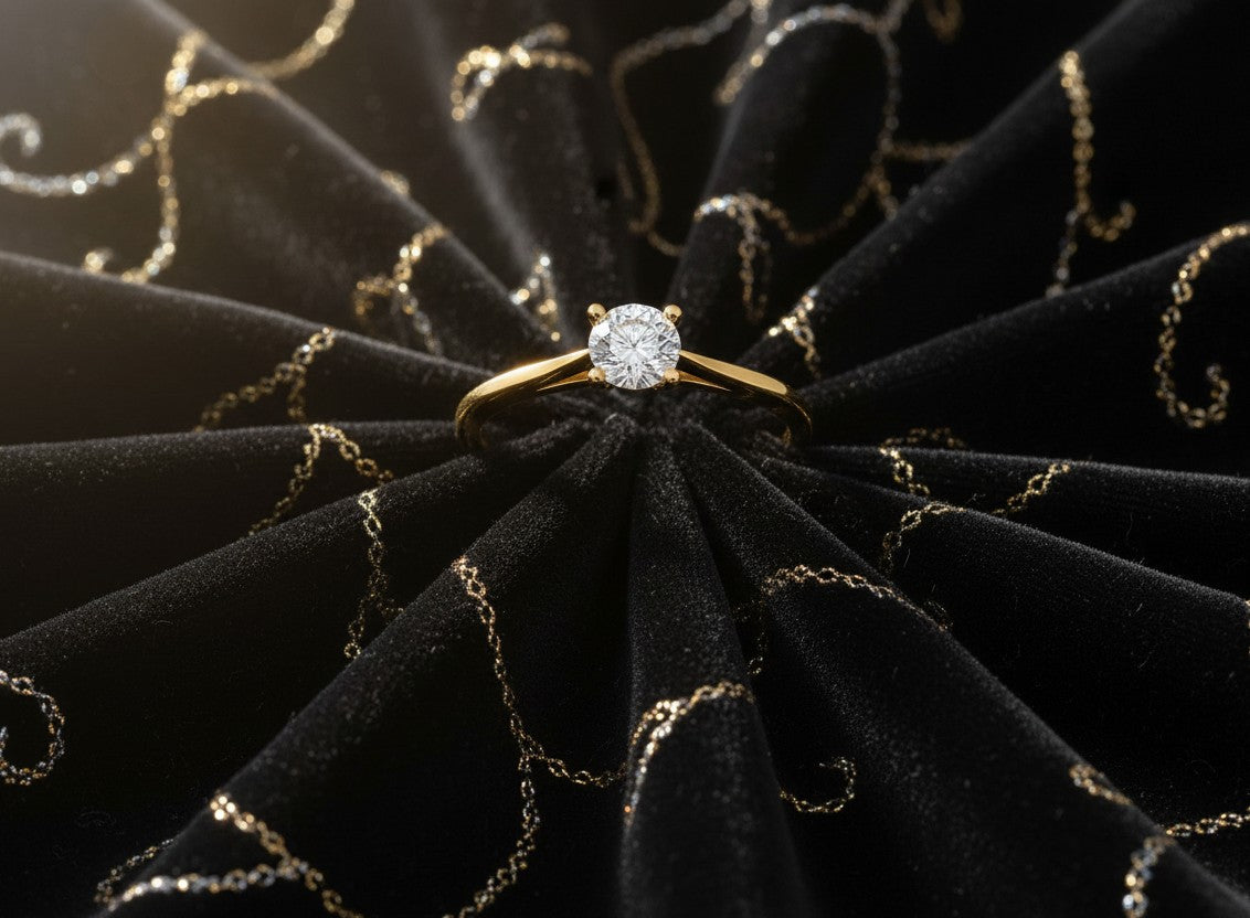 Cassims&Co. 9ct yellow gold solitaire engagement ring featuring a 0.50ct round lab grown diamond on black velvet.
