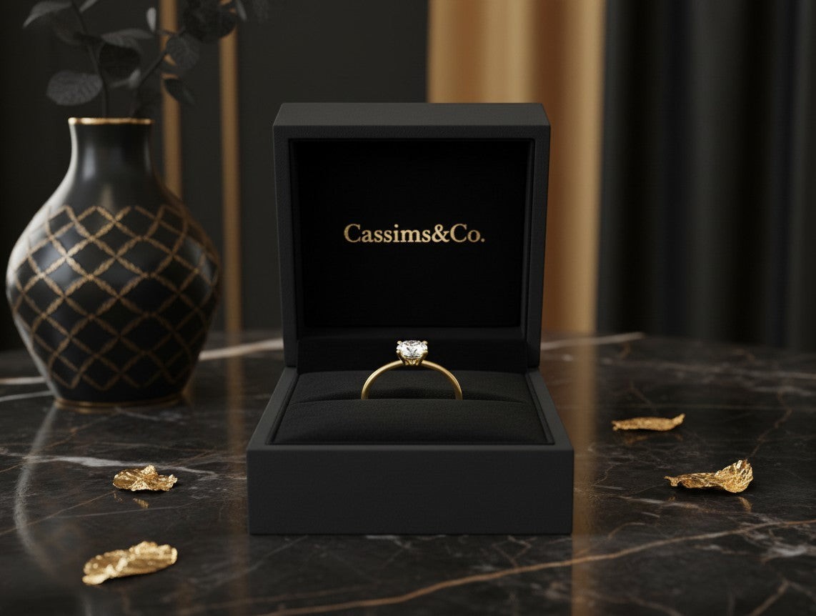 Cassims&Co. 9ct yellow gold solitaire engagement ring with a 0.50ct round lab grown diamond in a black gift box.
