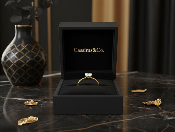Cassims&Co. 9ct yellow gold solitaire engagement ring with a 0.50ct round lab grown diamond in a black gift box.