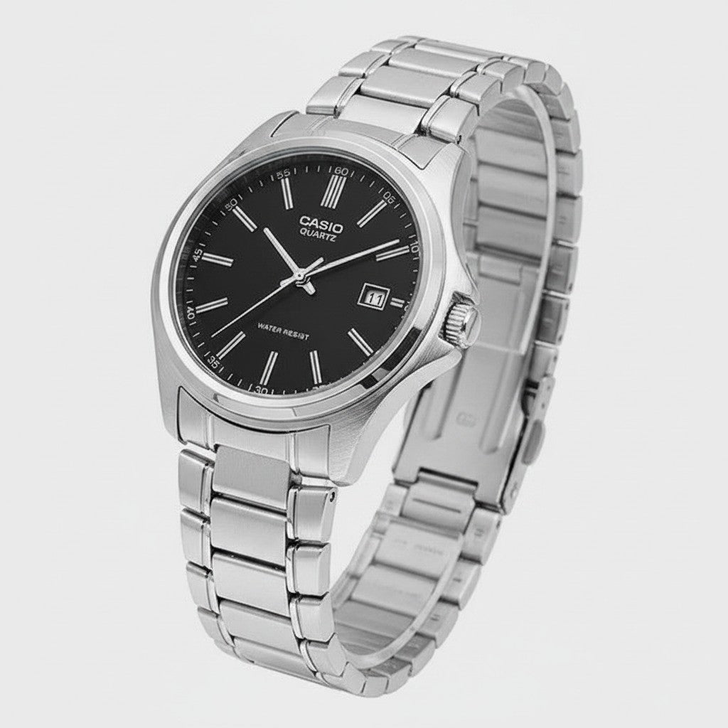 Cassims&Co. Casio MTP-1183A quartz watch with a black dial and polished stainless steel bracelet.