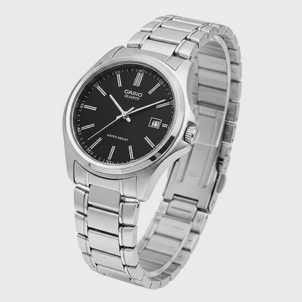 Cassims&Co. Casio MTP-1183A quartz watch with a black dial and polished stainless steel bracelet.