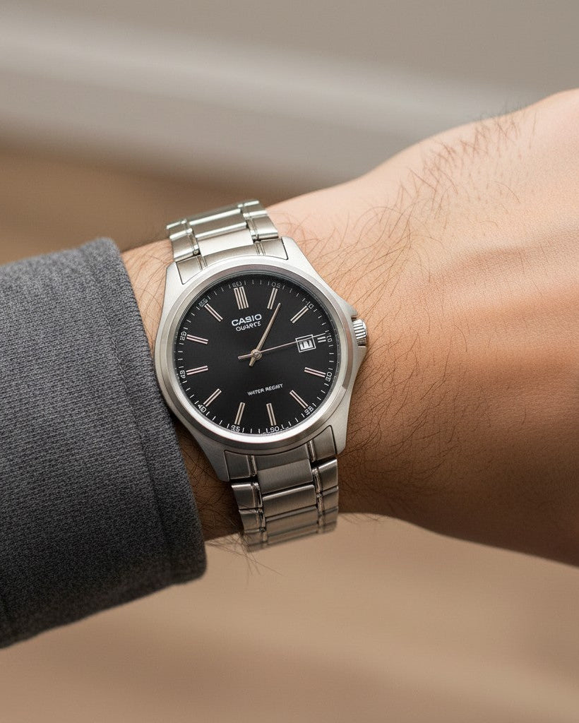 Cassims&Co. Casio MTP-1183A quartz watch with a black dial and stainless steel bracelet worn on a wrist.