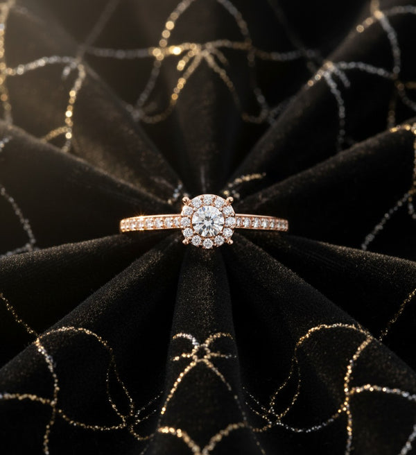 Cassims&Co. 9ct rose gold engagement ring featuring a round diamond halo and pavé-set band on black velvet fabric.
