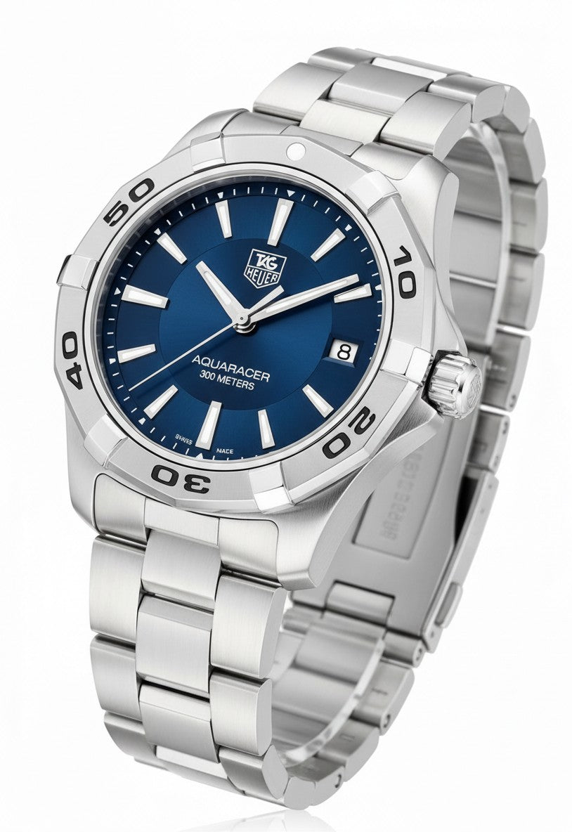 Cassims&Co. pre-owned TAG Heuer Aquaracer watch with a blue sunray dial and stainless steel bracelet.
