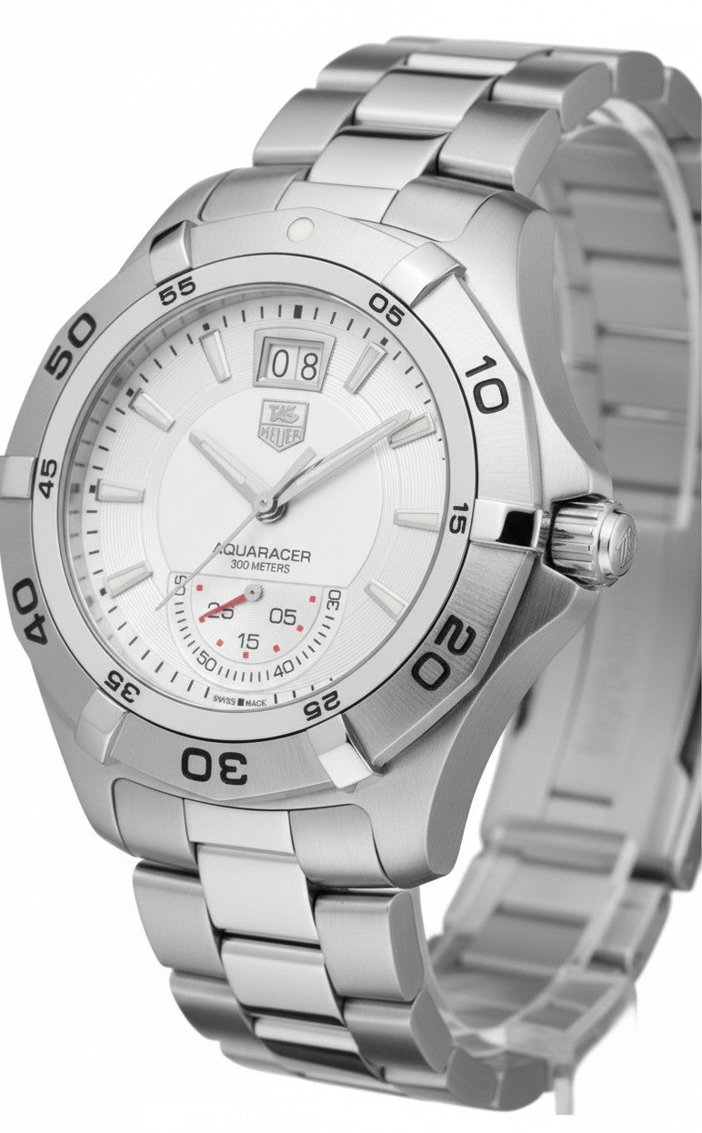 Cassims&Co. TAG Heuer Aquaracer watch with white dial, grande date, and stainless steel bracelet.
