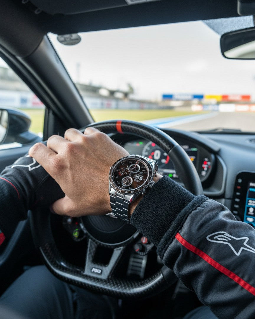 Cassims&Co. TAG Heuer Carrera Calibre 16 watch with brown dial on a driver's wrist inside a race car cockpit.