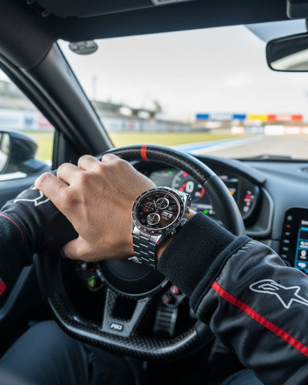 Cassims&Co. TAG Heuer Carrera Calibre 16 watch with brown dial on a driver's wrist inside a race car cockpit.
