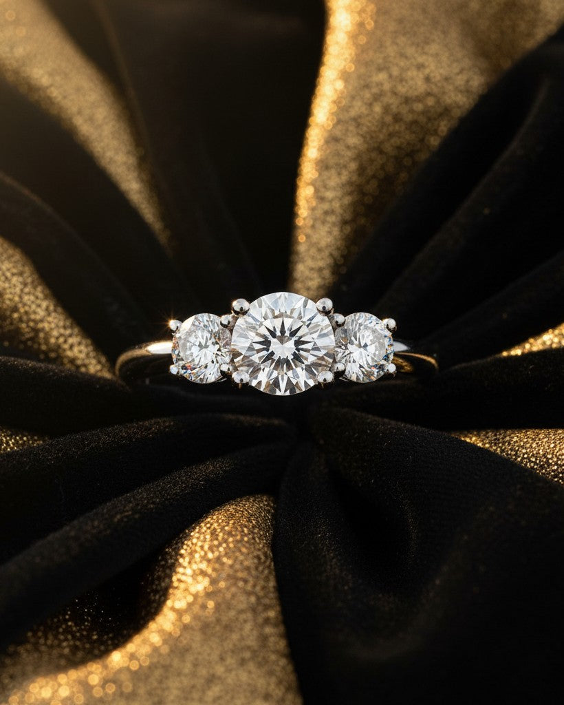 Cassims&Co. 1.8ct lab grown diamond three stone engagement ring in 9ct white gold on a black and gold fabric background.