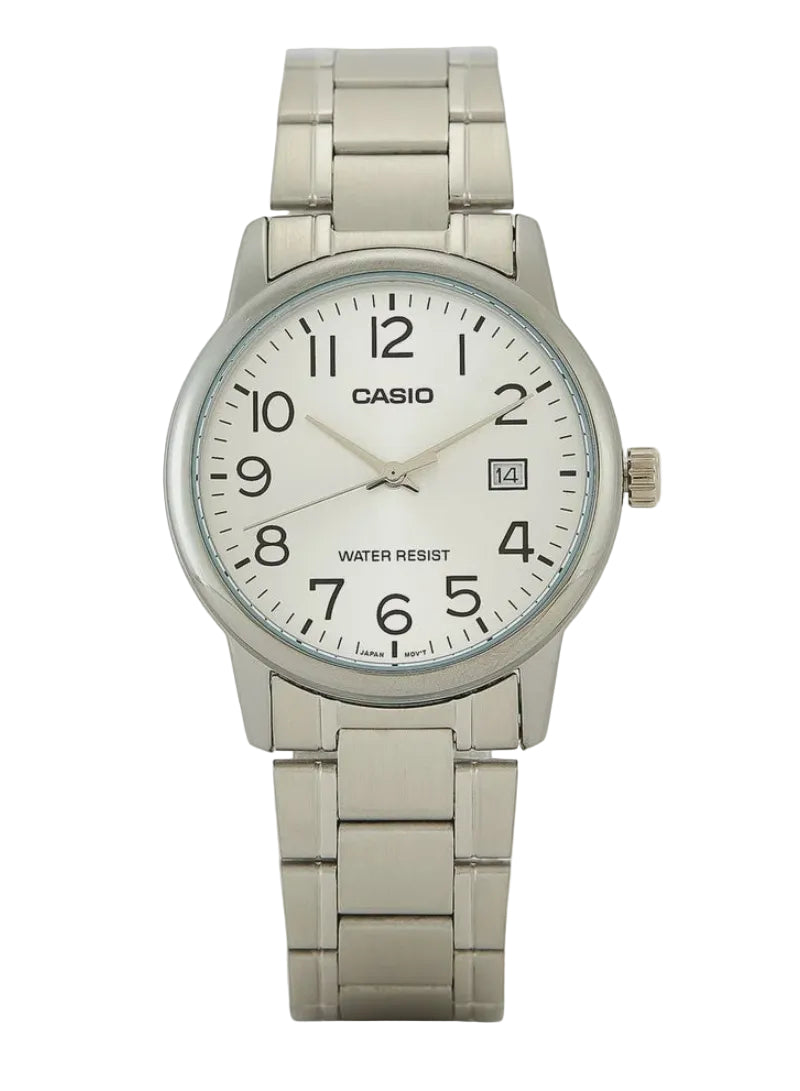 Casio MTP-V002D-7B men's quartz watch with white dial, Arabic numerals, date display, and polished stainless steel bracelet