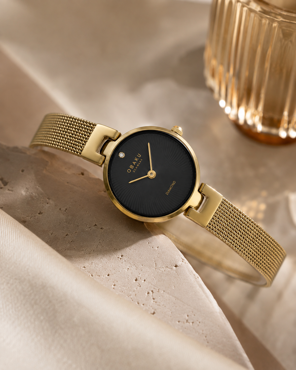 Obaku Diamant Petite Quartz Black Dial Gold-Tone Mesh Ladies Watch with Diamond (V256SXGBMG)