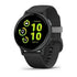 Garmin vívoactive 5 GPS fitness smartwatch with slate aluminium bezel, black case, black silicone strap, and vibrant AMOLED display showing fitness widgets