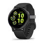 Garmin vívoactive 5 GPS fitness smartwatch with slate aluminium bezel, black case, black silicone strap, and vibrant AMOLED display showing fitness widgets