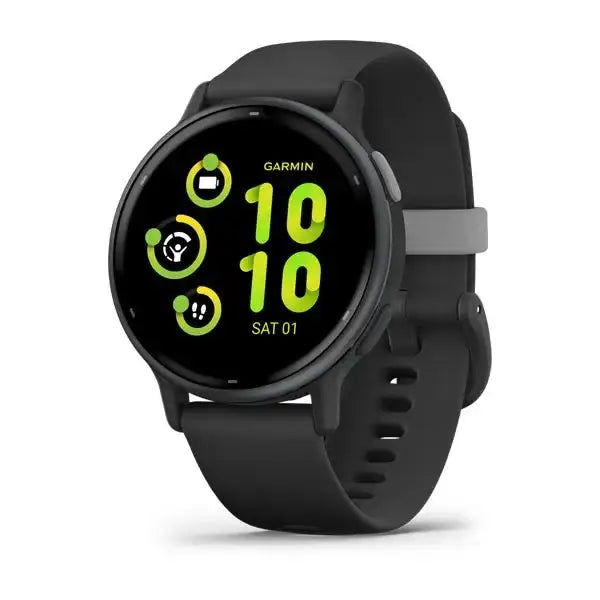 Garmin vívoactive 5 GPS fitness smartwatch with slate aluminium bezel, black case, black silicone strap, and vibrant AMOLED display showing fitness widgets