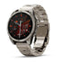 Garmin Fenix 8 AMOLED Sapphire 47mm titanium multisport GPS smartwatch with vented titanium bracelet showing red digital display