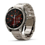 Garmin Fenix 8 AMOLED Sapphire 47mm titanium multisport GPS smartwatch with vented titanium bracelet showing red digital display