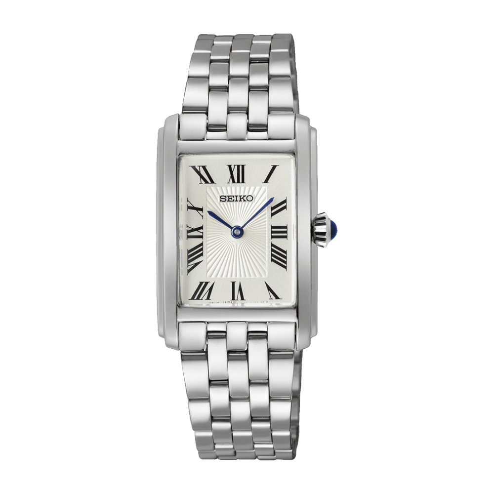 Seiko SWR083P1 rectangular quartz ladies watch with silver sunray dial, Roman numerals, blue steel hands, and stainless steel five-link bracelet