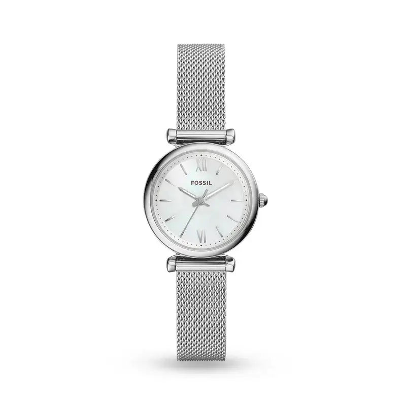 Fossil Carlie Mini ES4432 quartz watch with mother-of-pearl dial, Roman numerals, and stainless steel mesh bracelet