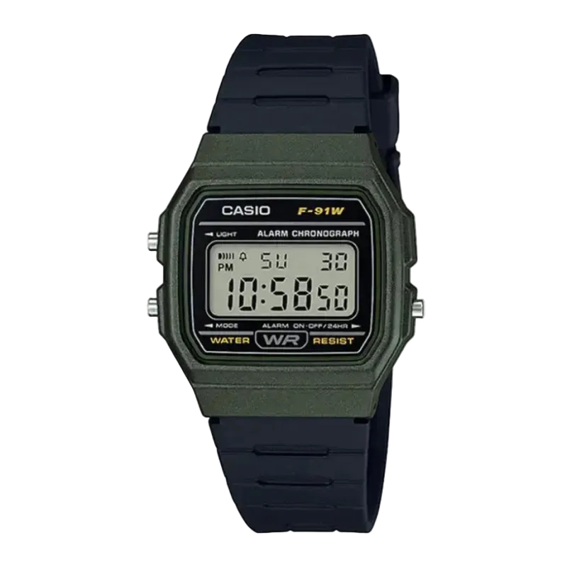 Casio F-91WM Quartz Digital Alarm Chronograph Green Resin Watch (F-91WM-3ADF)
