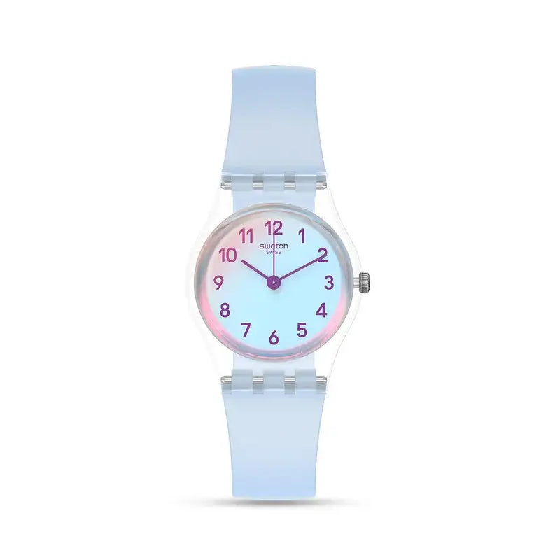 Swatch Casual Blue LK396 ladies quartz watch with gradient blue dial and transparent silicone strap
