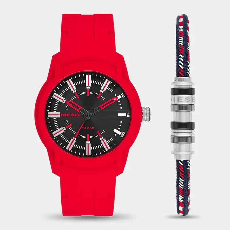 Diesel Armbar DZ1979 Red Silicone Quartz Watch with Black Sunray Dial and Matching Woven Nylon Bracelet Set