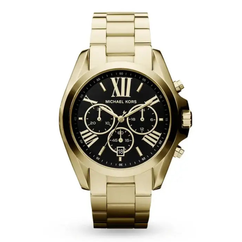 Michael Kors Bradshaw MK5739 gold-tone chronograph watch with black dial and Roman numerals on stainless steel bracelet