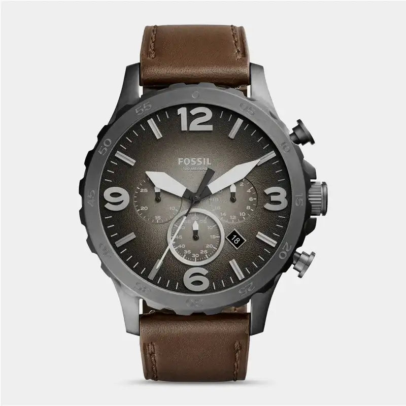 Fossil Nate Chronograph JR1424 grey dial brown leather strap mens watch 50mm gunmetal case