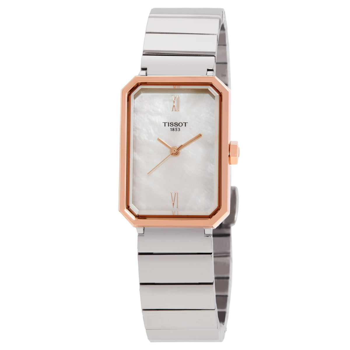 Tissot SRV 30mm Rectangular Mother of Pearl Dial Rose Gold-Tone Steel Case Steel Bracelet Watch (T1601102111300)