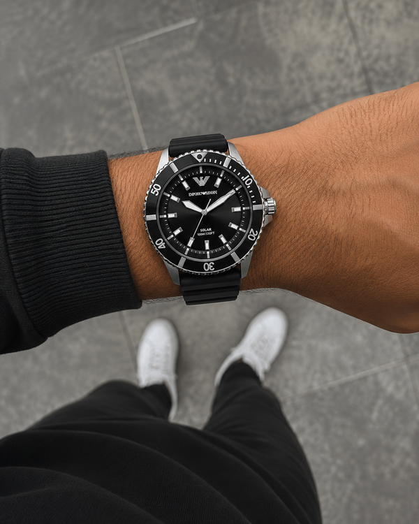 Emporio Armani World Explorer Solar-Powered Diver Black Dial Stainless Steel Watch (AR11788)