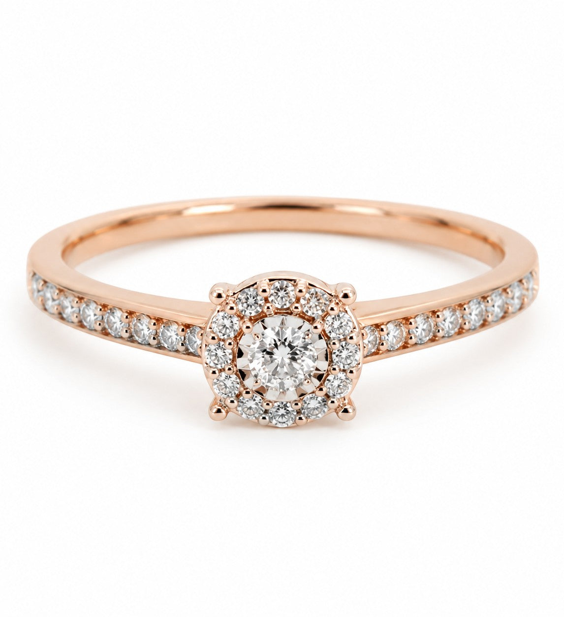 9ct rose gold diamond halo engagement ring with round centre stone and pavé band by Cassim & Co Johannesburg