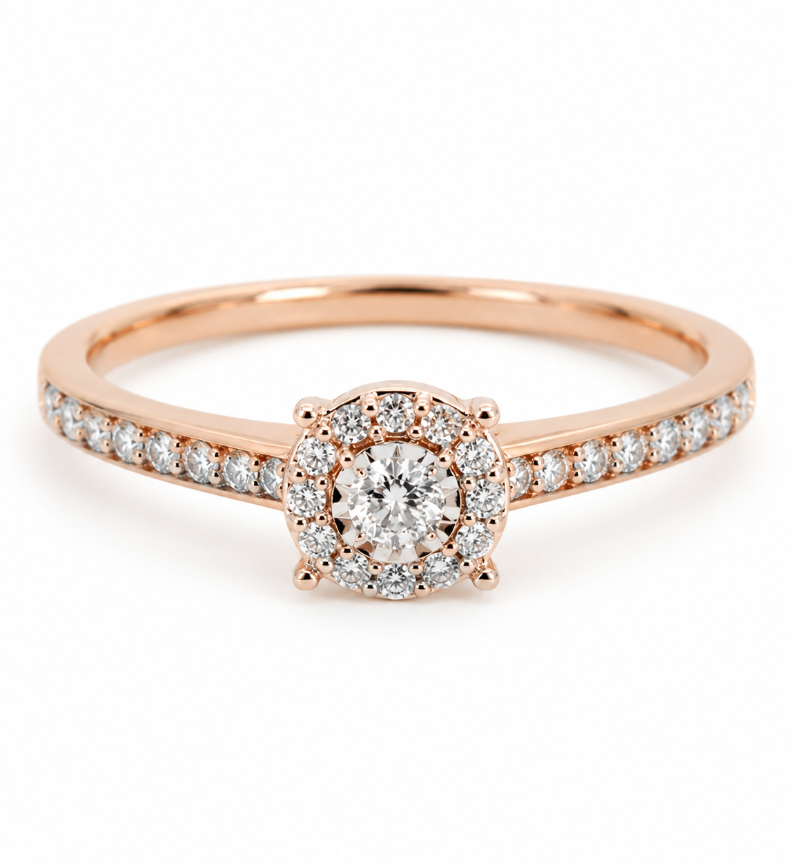 9ct rose gold diamond halo engagement ring with round centre stone and pavé band by Cassim & Co Johannesburg