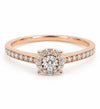 9ct rose gold diamond halo engagement ring with round centre stone and pavé band by Cassim & Co Johannesburg