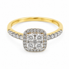 9ct yellow gold cushion cut diamond halo engagement ring with white gold prongs and diamond set shoulders by Cassim & Co Johannesburg