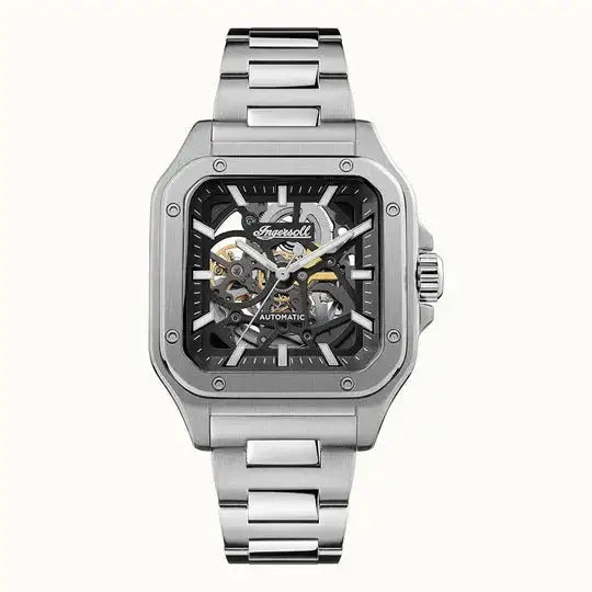 Ingersoll The Ollie I14501 automatic skeleton dial watch with 42mm stainless steel square case and matching bracelet