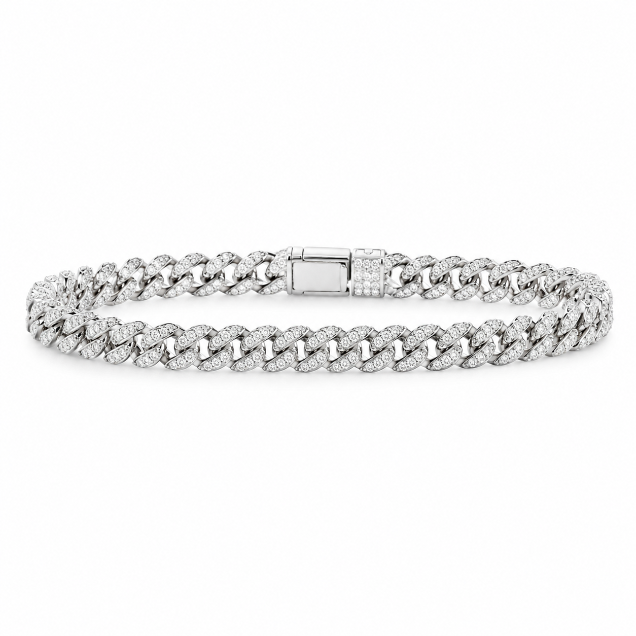 Sterling silver Cuban link bracelet with pavé-set moissanite stones and secure box clasp, handcrafted by Cassim & Co. Johannesburg