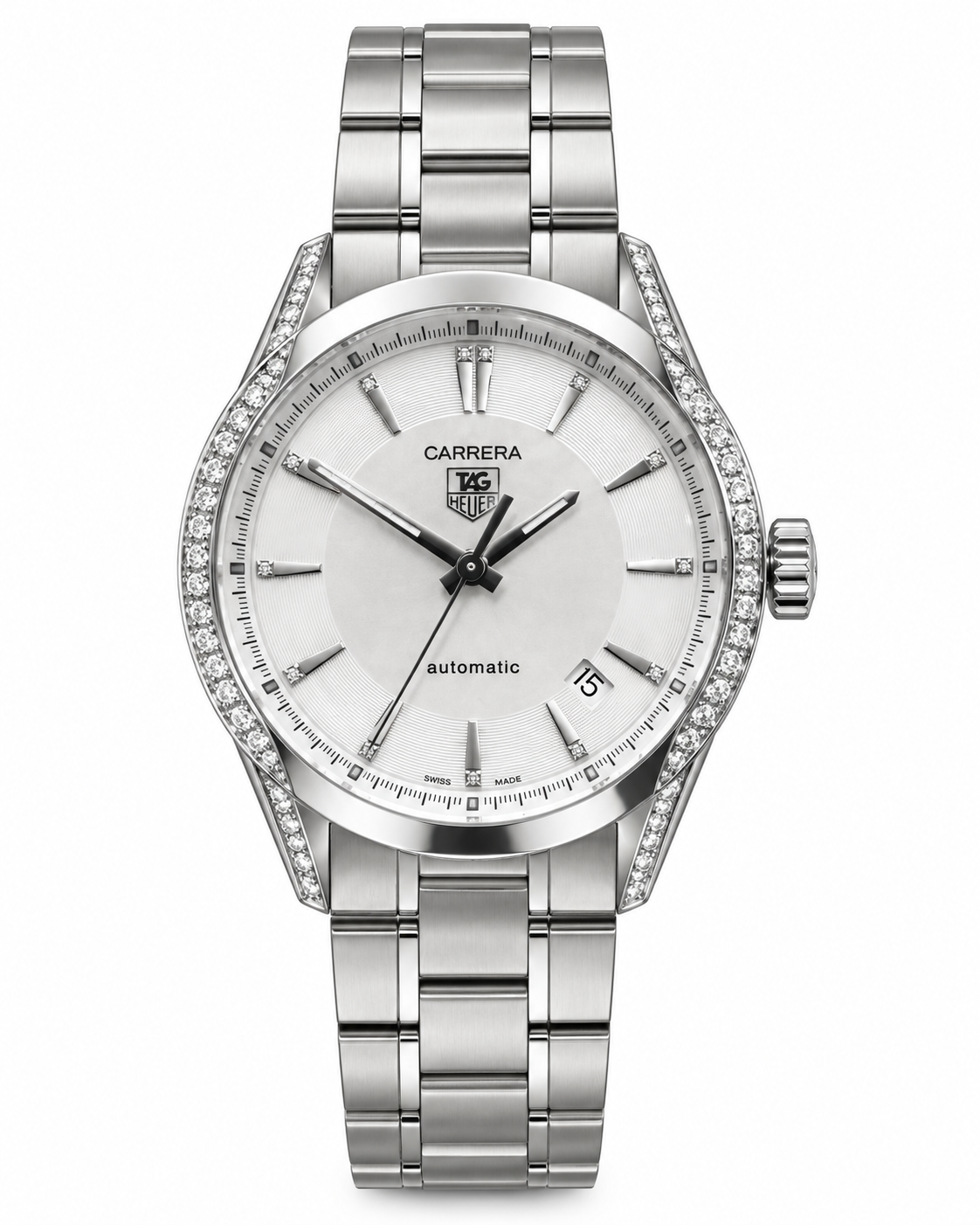 Pre-owned TAG Heuer Carrera WV2212 ladies automatic watch with diamond-set bezel, silver guilloché dial, and polished stainless steel bracelet