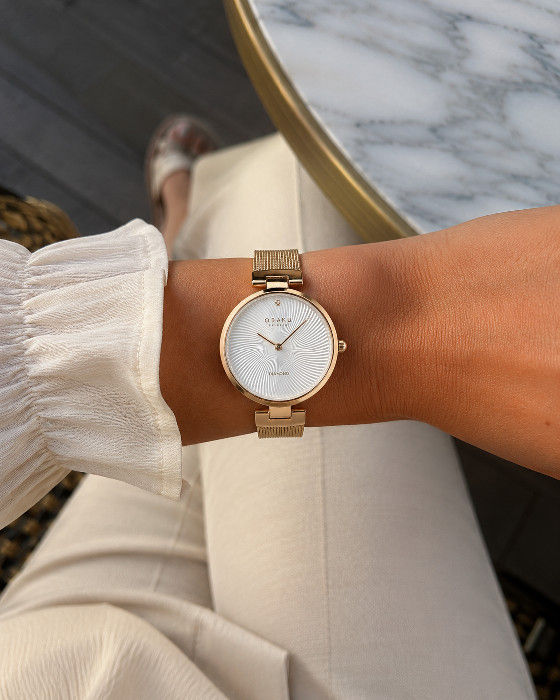 Obaku Diamant Quartz Silver White Dial Gold Mesh Bracelet Ladies Watch (V256LXGIMG)