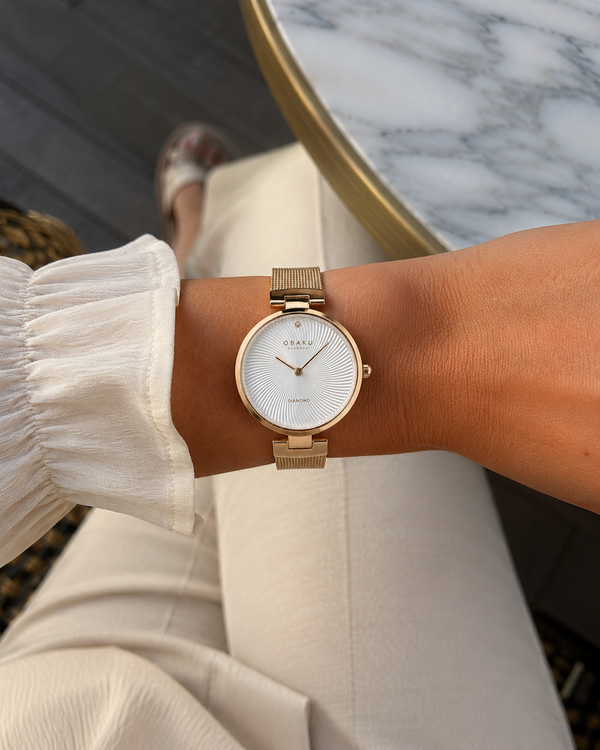 Obaku Diamant Quartz Silver White Dial Rose Gold Mesh Bracelet Ladies Watch (V256LXGIMG)