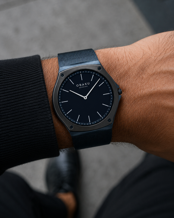 Obaku Net V316GXYLML Quartz Black Dial Blue PVD Mesh Bracelet Watch
