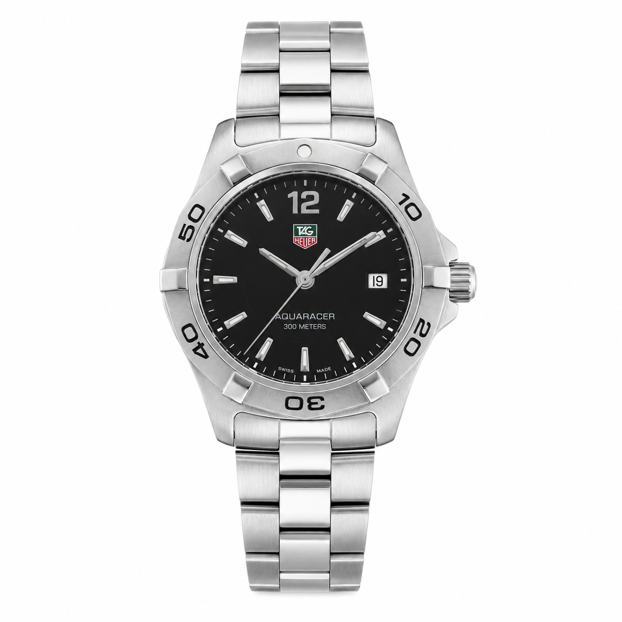 Pre-owned TAG Heuer Aquaracer WAF1410 ladies quartz dive watch with black dial and stainless steel bracelet on white background