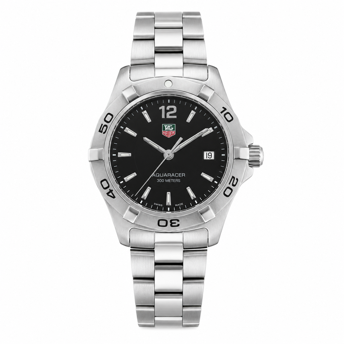 Pre-owned TAG Heuer Aquaracer WAF1410 ladies quartz dive watch with black dial and stainless steel bracelet on white background