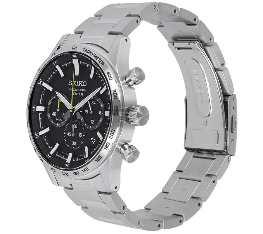 Seiko Quartz Chronograph 43mm Black Dial Steel Bracelet Watch (SSB413P1)