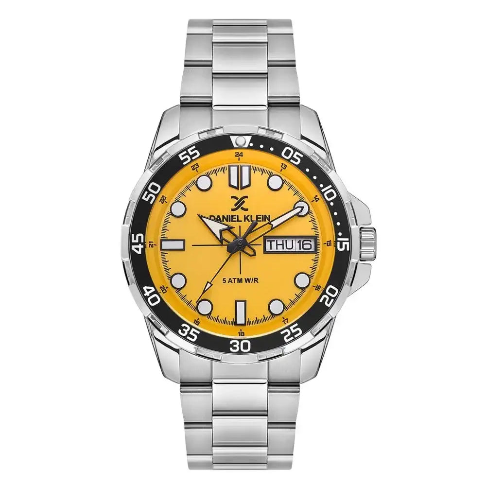 Daniel Klein DK113884-4 watch with yellow sunburst dial, black bezel and steel bracelet