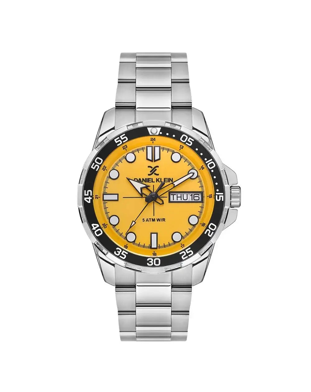 Daniel Klein DK113884-4 watch with yellow sunburst dial, black bezel and steel bracelet