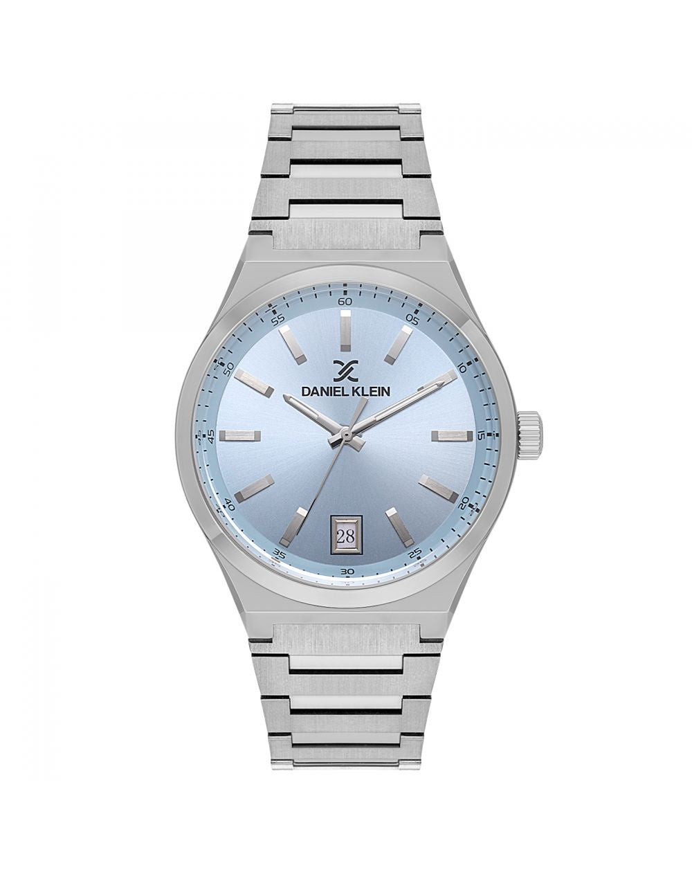 Daniel Klein DK114061-2 men's quartz watch with ice blue sunray dial, applied silver indices, date window at 6 o'clock, and integrated stainless steel bracelet