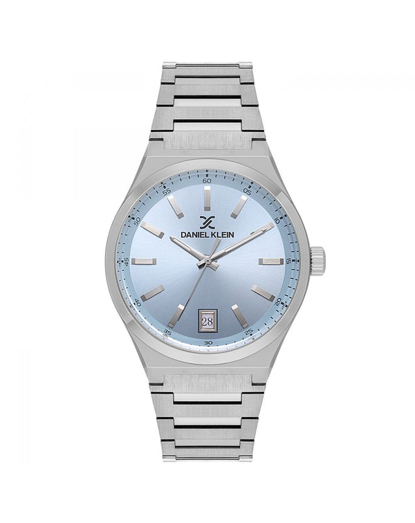 Daniel Klein DK114061-2 men's watch with ice blue sunray dial, silver-tone baton indices, date window at 6 o'clock, and stainless steel integrated bracelet